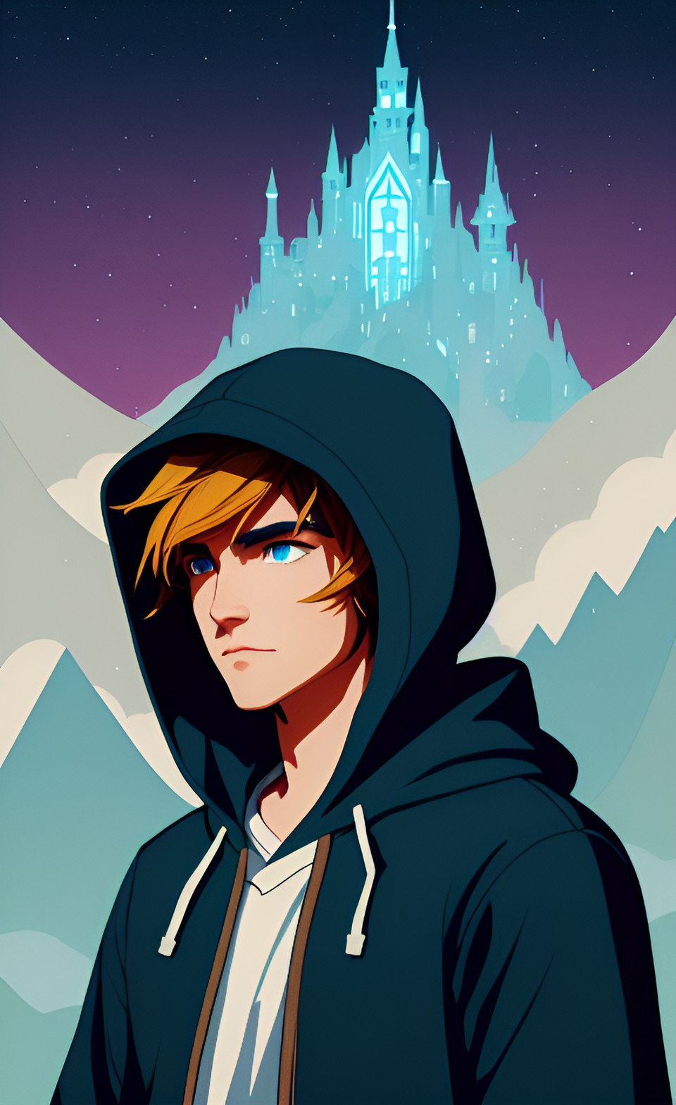 It ain’t Disney - portrait of link from the legend of zelda, wearing a plain dark blue hoodie, fantasy aesthetic, wilderness aesthetic, magical city backdrop preview