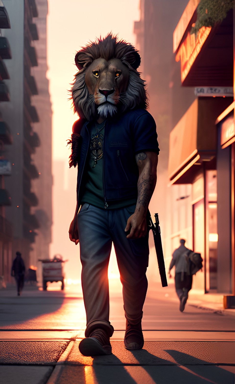 gangster lion roaming the streets at sunset 8k high definition preview