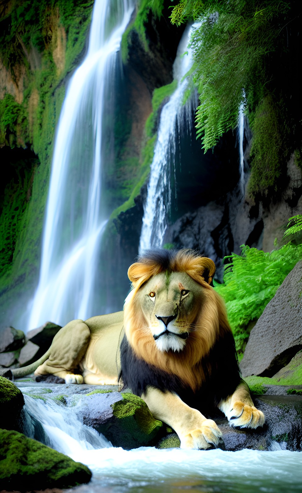 Lion in a mountain - green lion staring at some mountains with a waterfall preview