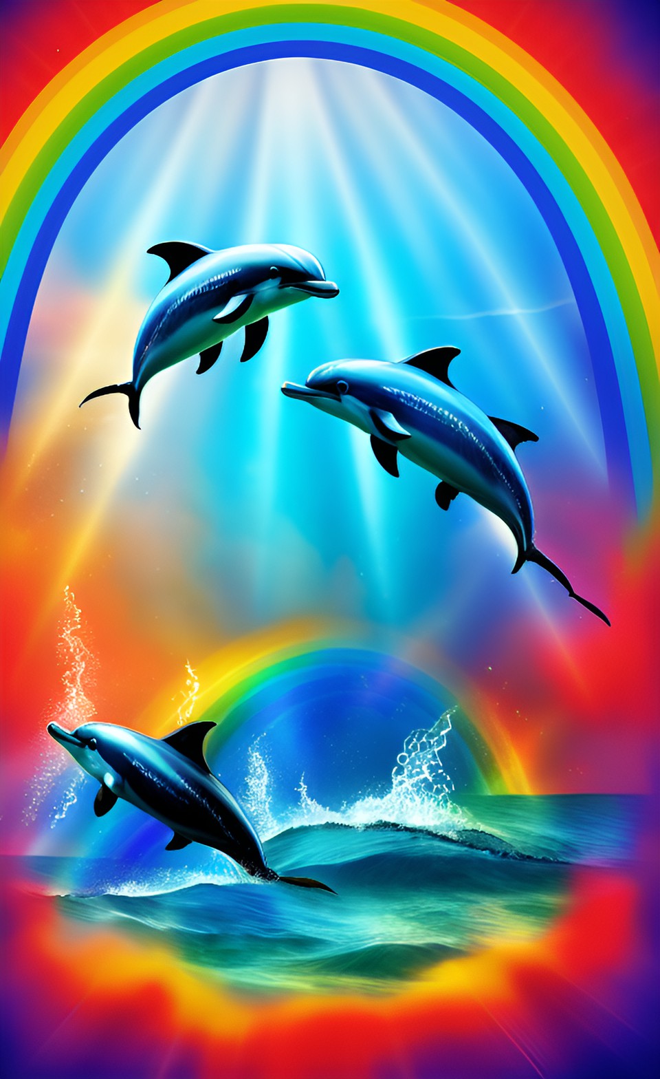 My moms fav animal!! - dolphins swimming in ocean rainbow in backround preview