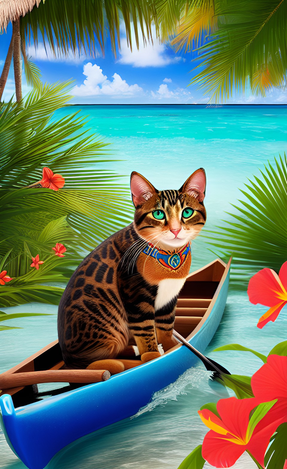 a polynesian cat wit tattoo doing canoe on a tropical beach preview