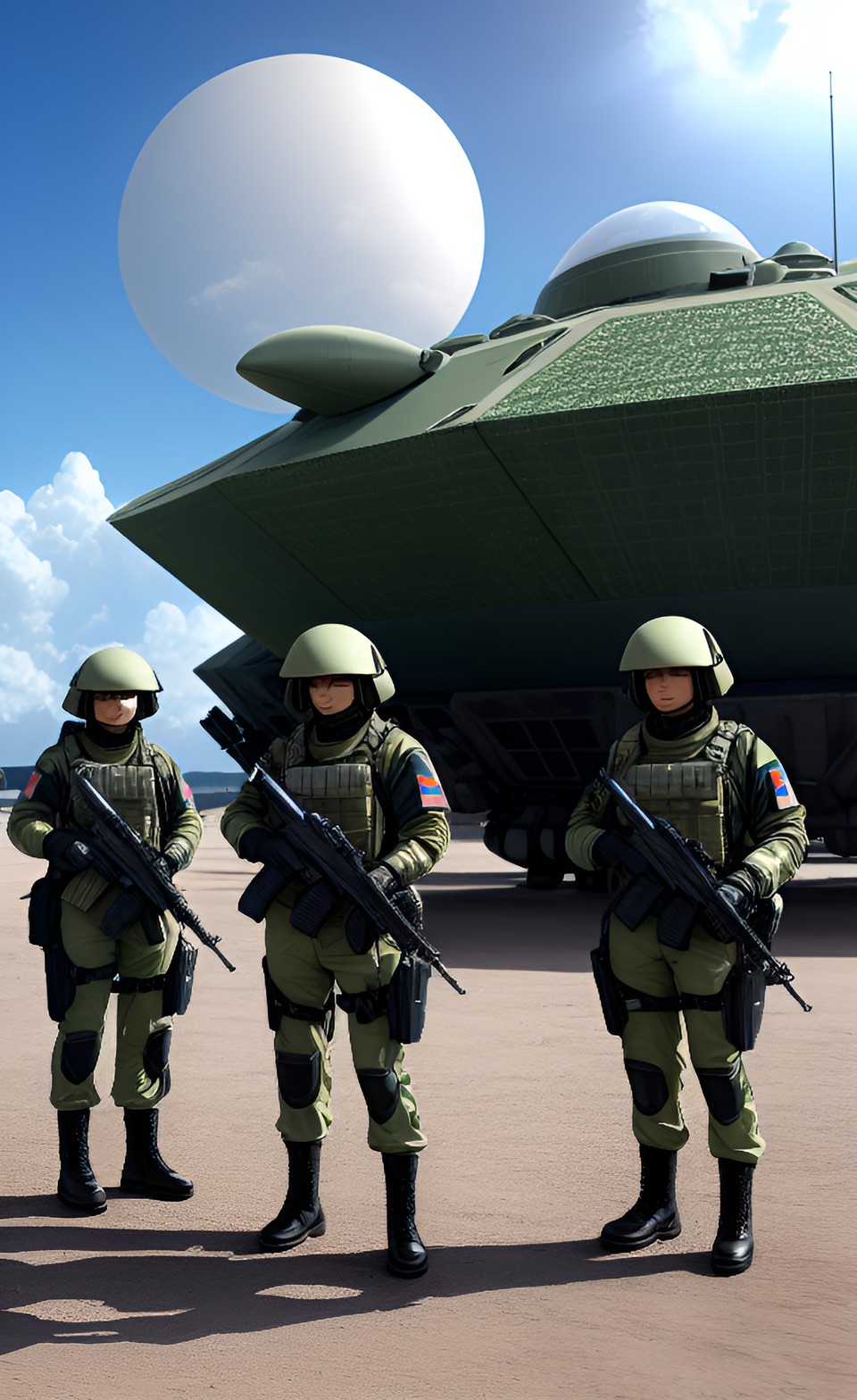 famale futuristic soldiers in front of landed spaceship, tropical alien planet preview