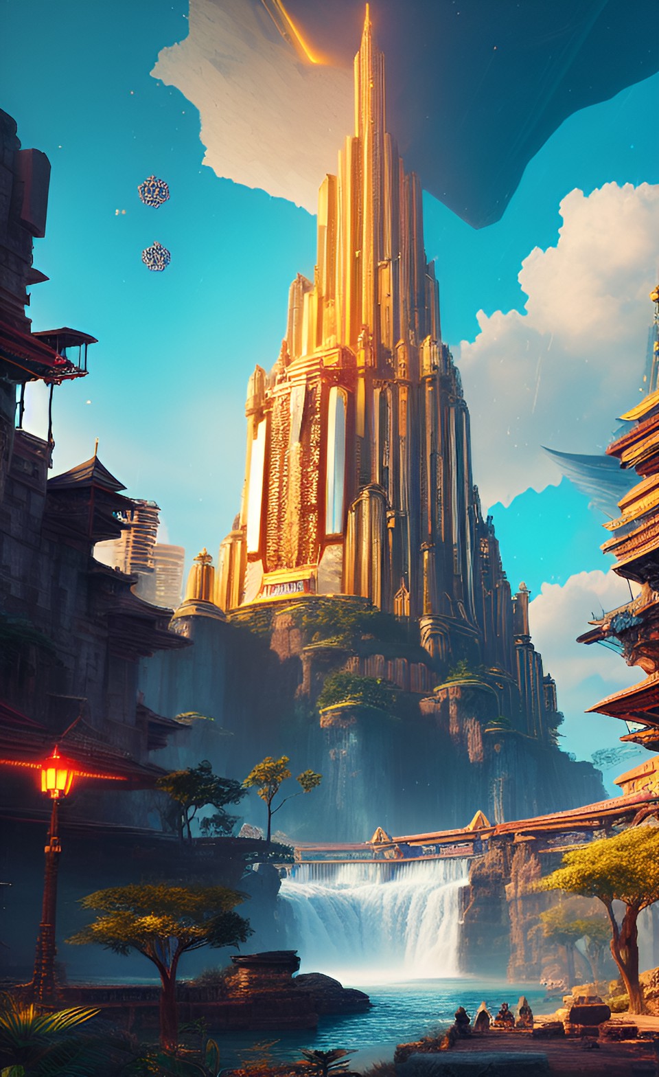 ancient city in the middle of waterfalls surrounded by high golden tower in cyberpunk style, 4k, high resolution  - ancient city amidst waterfalls, high golden tower, cyberpunk style, 4k resolution. preview