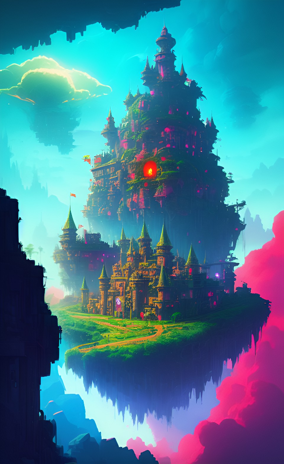 dystopian jungle with looming clouds and large aesthetic castle preview