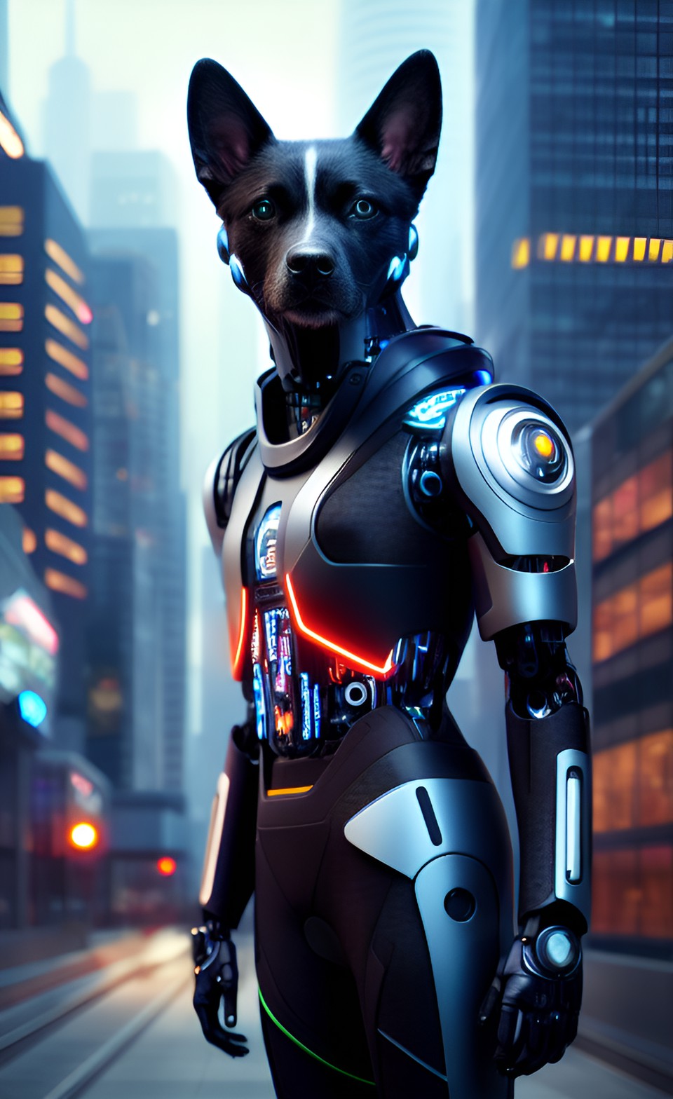 futuristic humanoid cyborg dog in a futuristic city preview