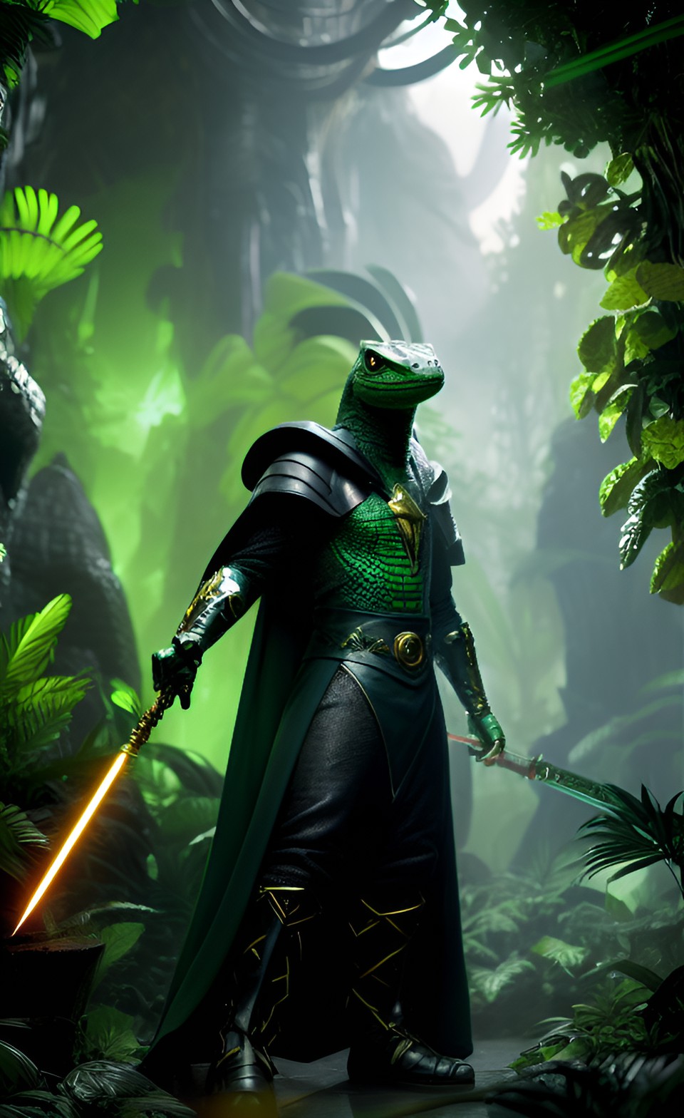 humanoid lizard with green scales wearing black robes and wielding staff with magic missiles with jungle scene in background preview