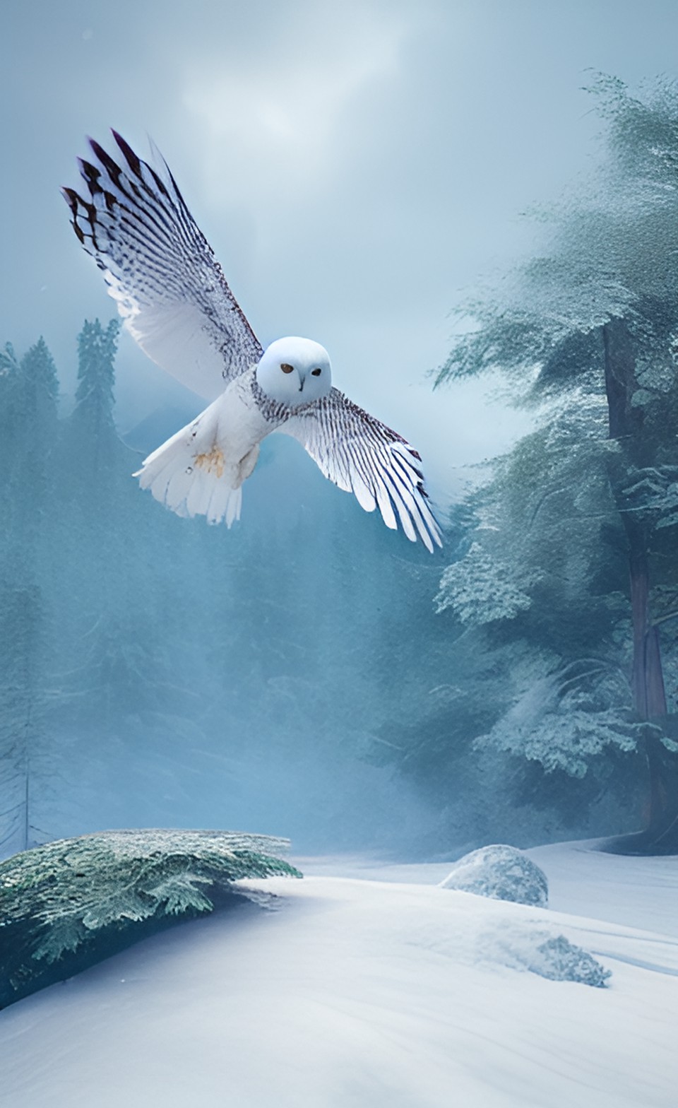 portrait of a snow owl flying in a dense forest, exquisitely detailed, hyper realistic, deep colors preview