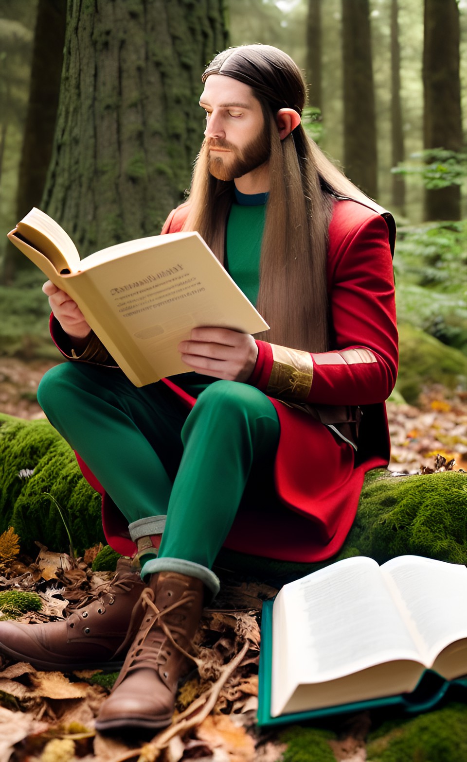 realistic elf, tall, handsome, male, long hair, reading in a forest preview