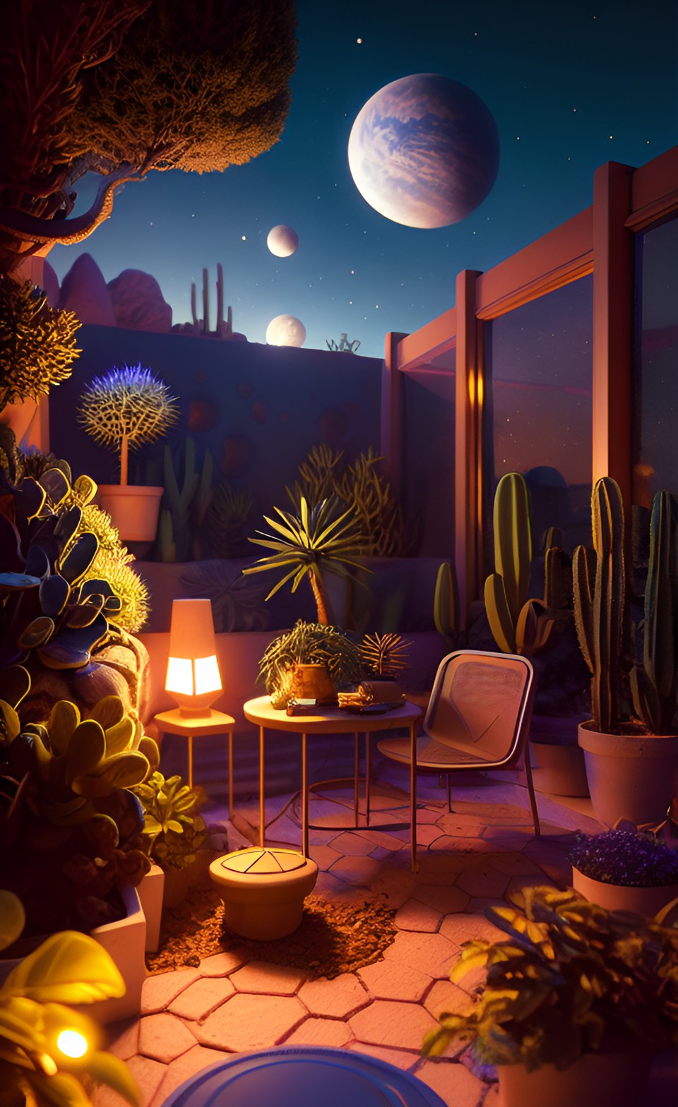 Alien night yard - garden terrarium on a dish on an alien desert planet with little lights at night preview