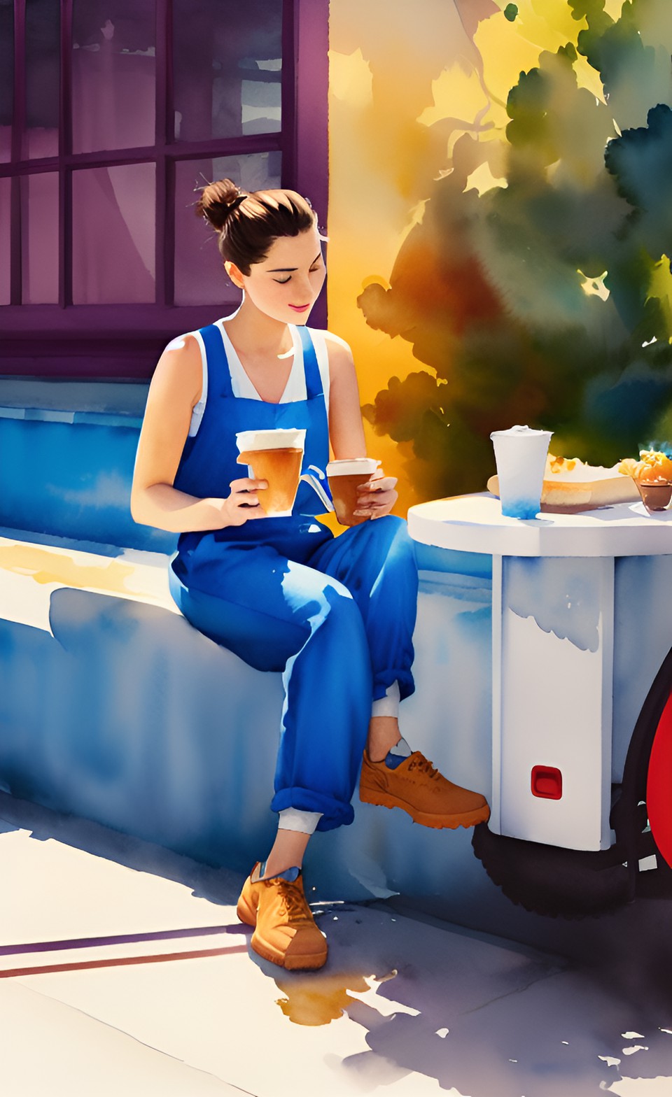 1. Coffee 2. Work - mechanic wearing a tank top and a jumpsuit drink a cup of coffee on a break preview