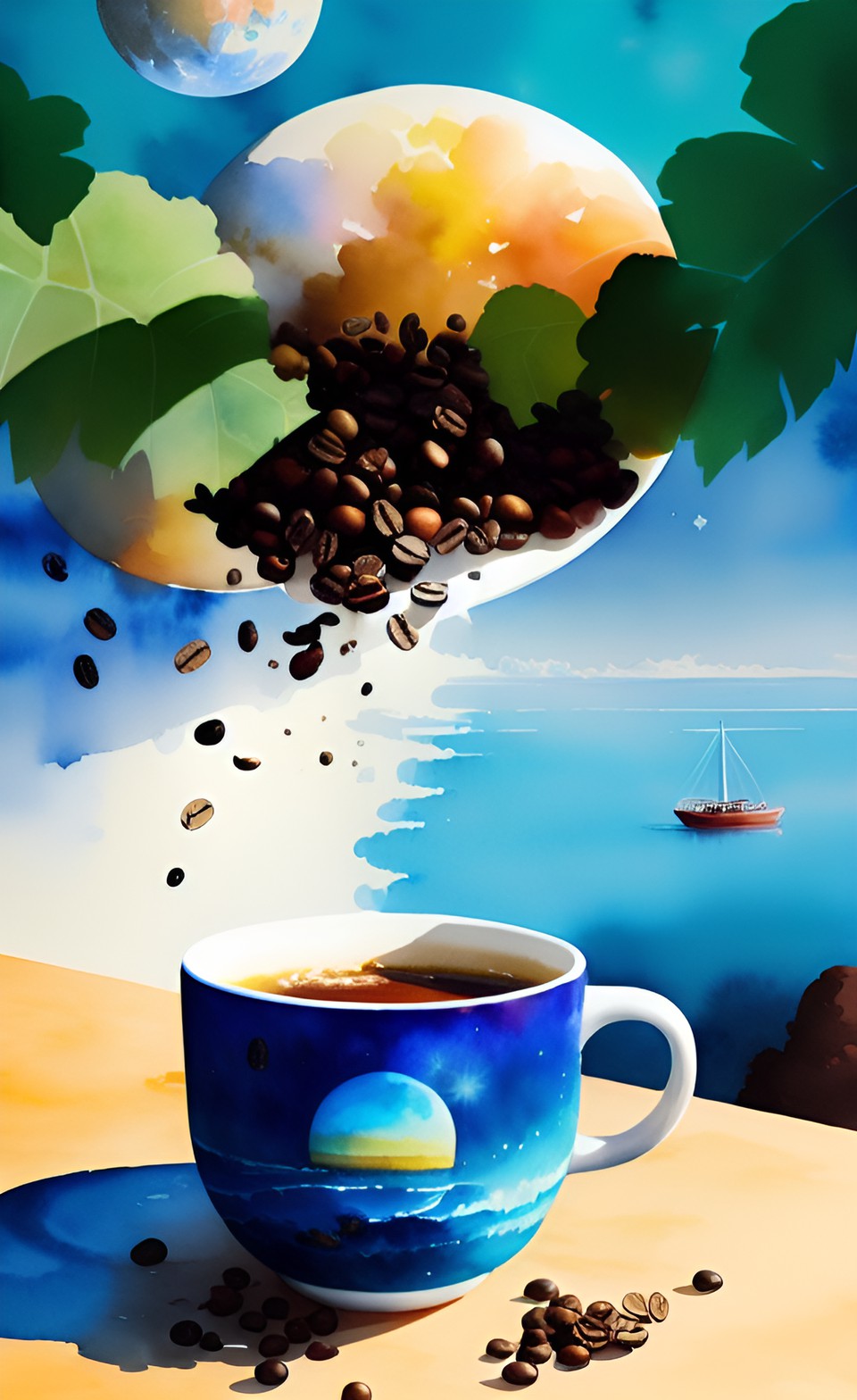 Sail to Satisfaction - coffee beans falling over the moon into a cup preview