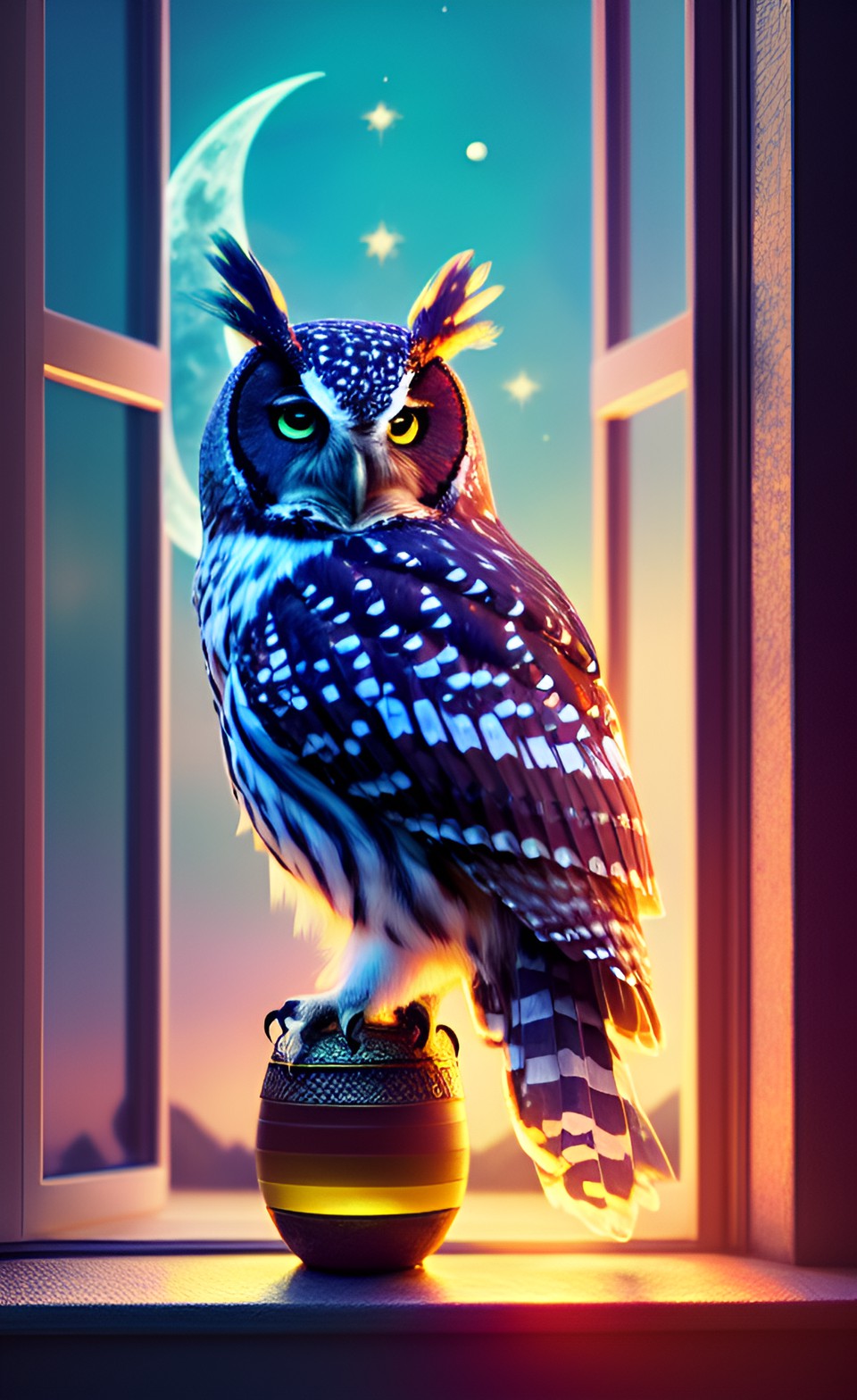 owl bird, gems, window, night, moon, mysticism preview