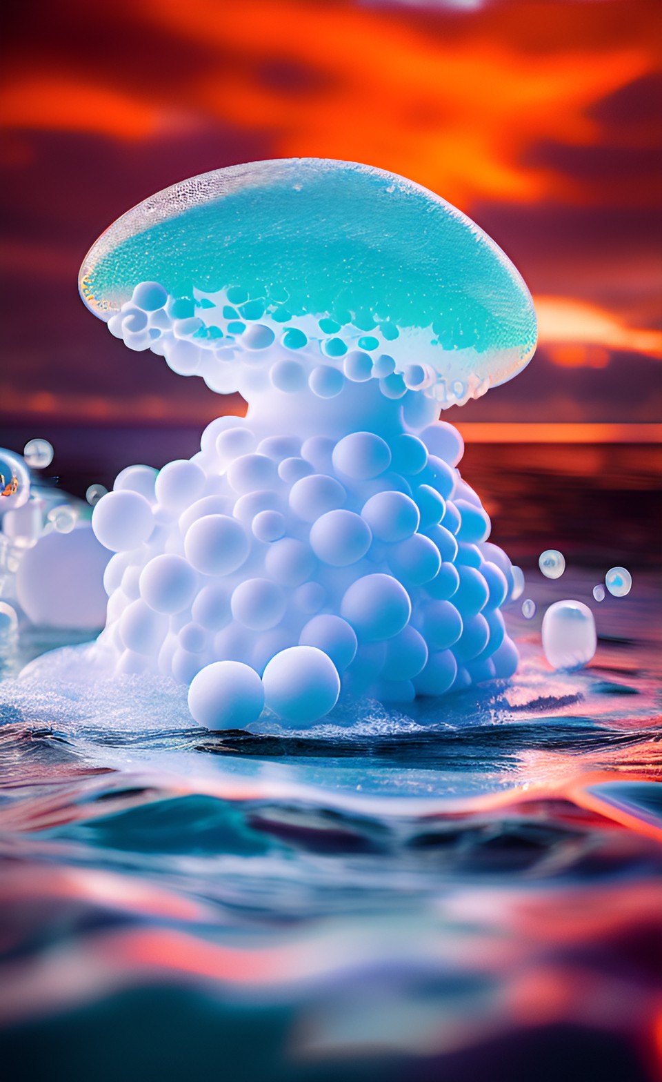 ute white foam creature, surrounded by reflective bubbles, floating on top of ocean waves, made of blobby preview