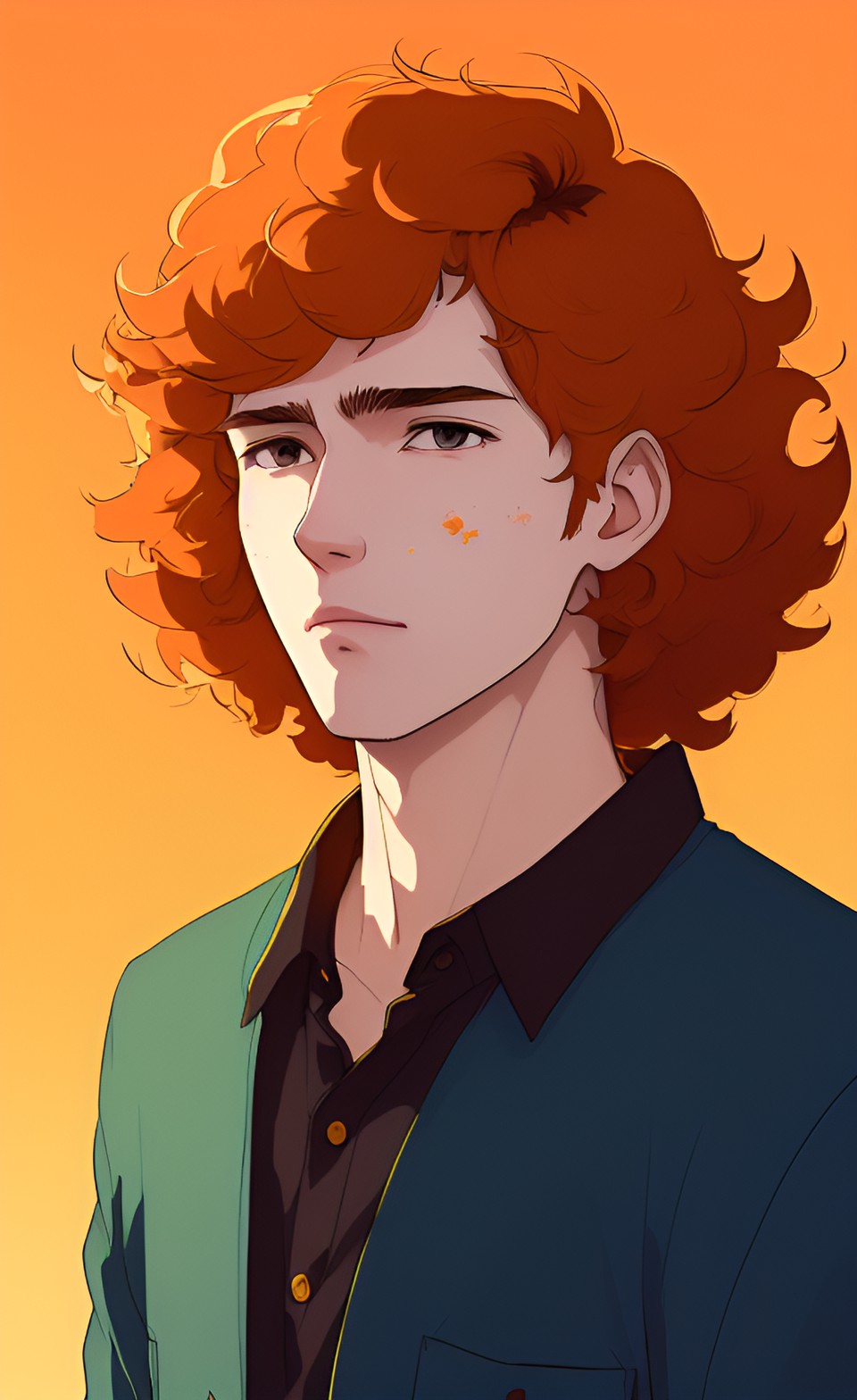 a 6' 2" tall, pale skinned man with brown eyes, large ears and puffy cheeks. he has curly, orange-gold hair, has a cheap perfume, seems prejudiced, and he has a strange burn on his face. preview