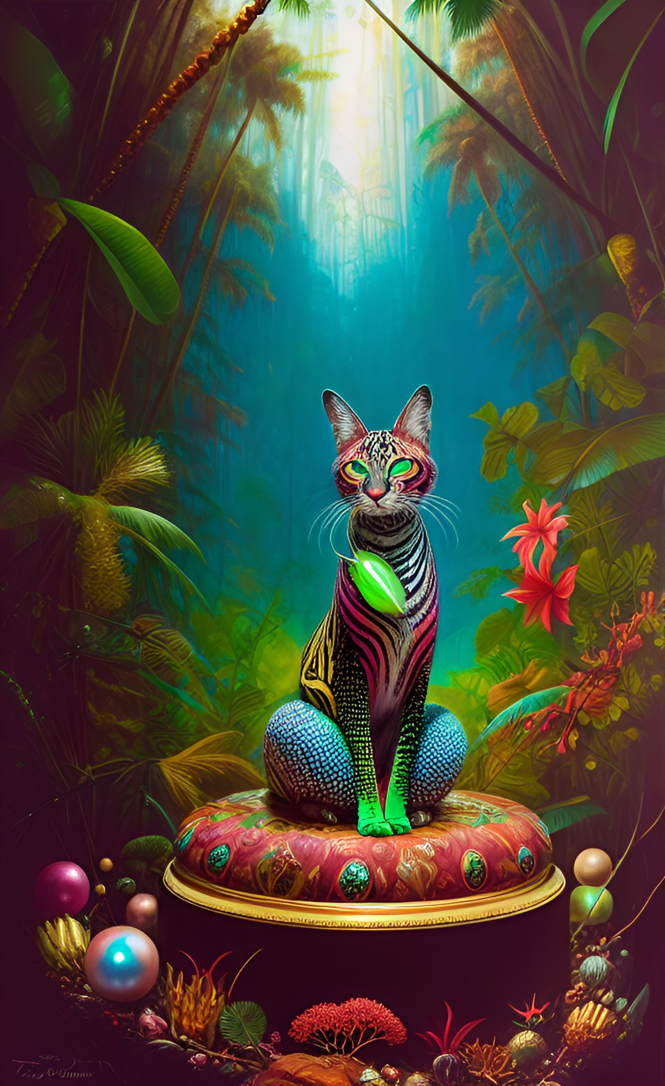 Jungle Jewelry - fluorescent diamonds, emeralds, rubies, pearls, and gold inside an open jewelry box sitting in the depths of an abandoned forest of palm trees. preview