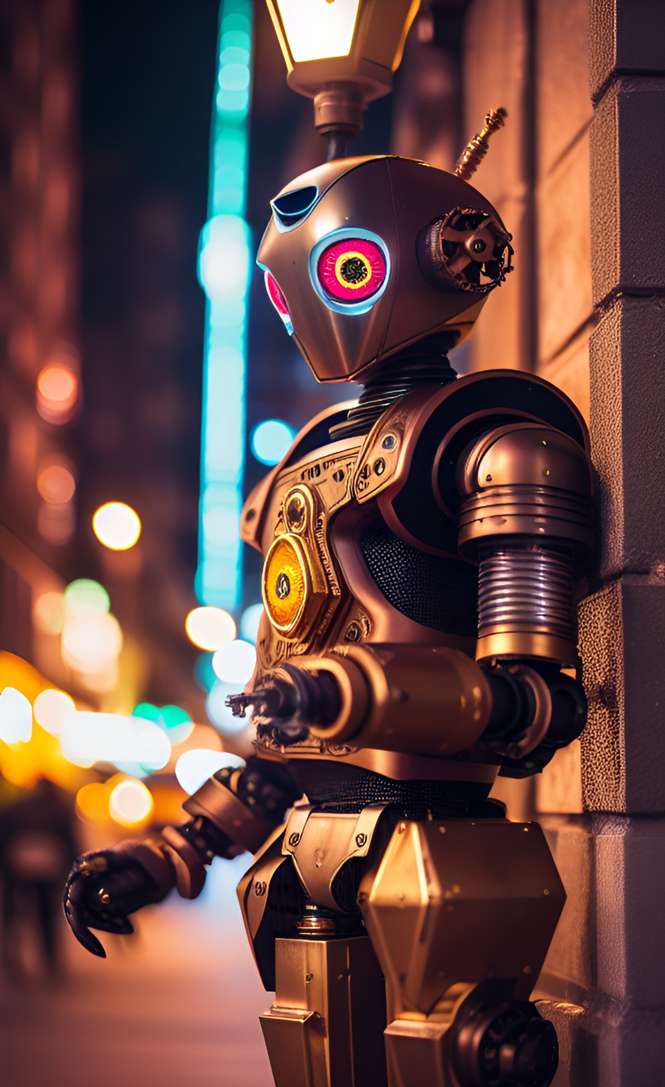 hight quality, realistic, robot from stell and gold in steampunk style, with blade hand, red shining eye's, on street with blood river, under night light preview