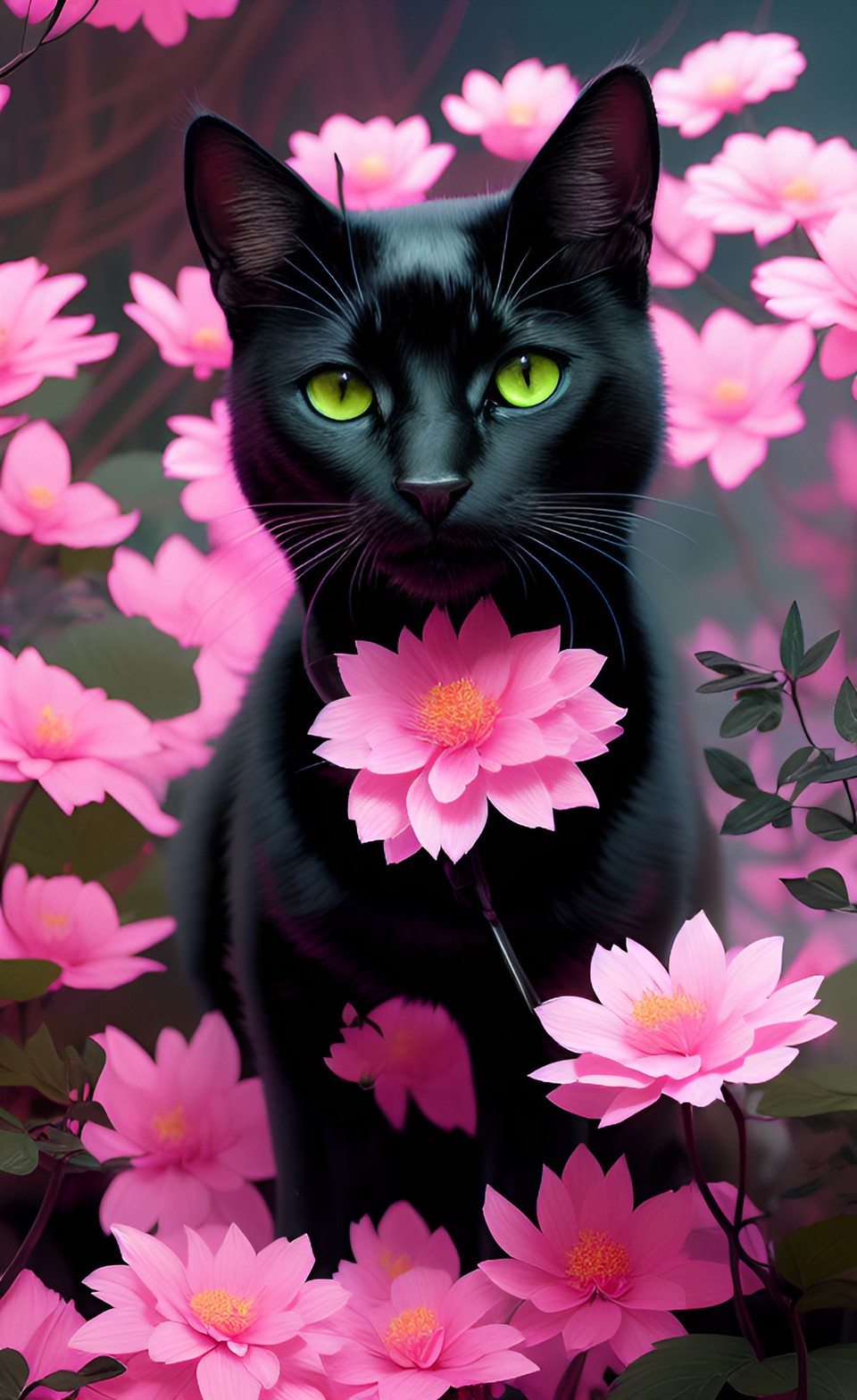 black cat pink flowers preview