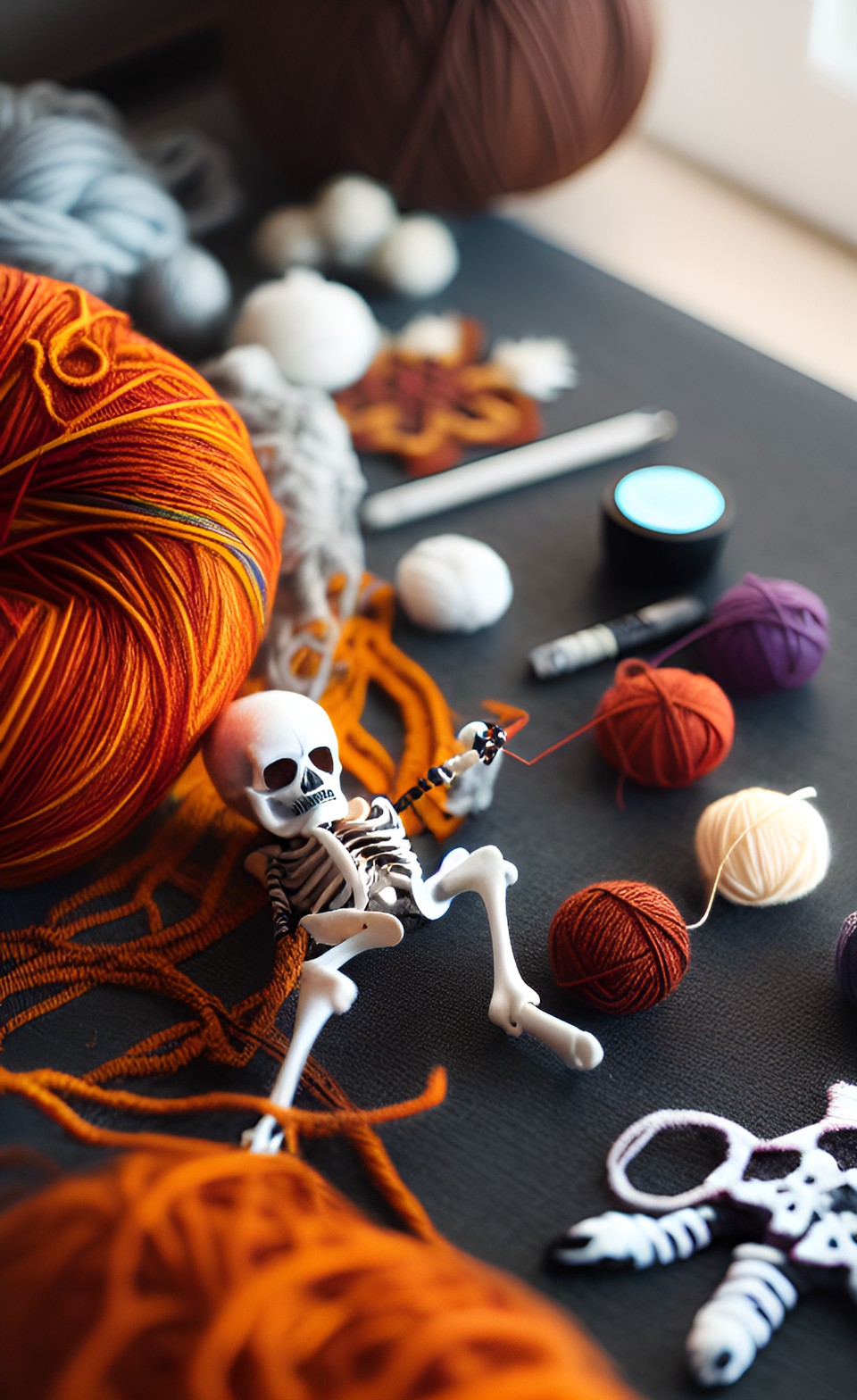 skeleton is knitting, background full of wool preview