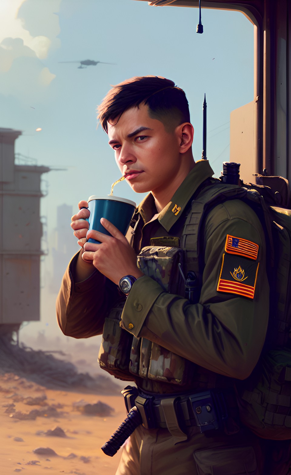 Only the Essentials - a military solider drinking coffee in a war zone preview