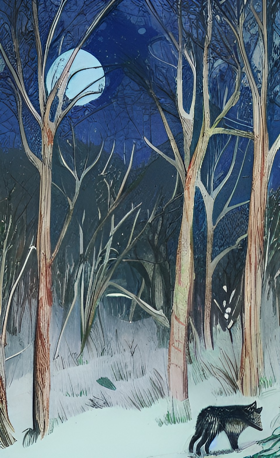 winter forest, wolf, moon, light of the moon preview