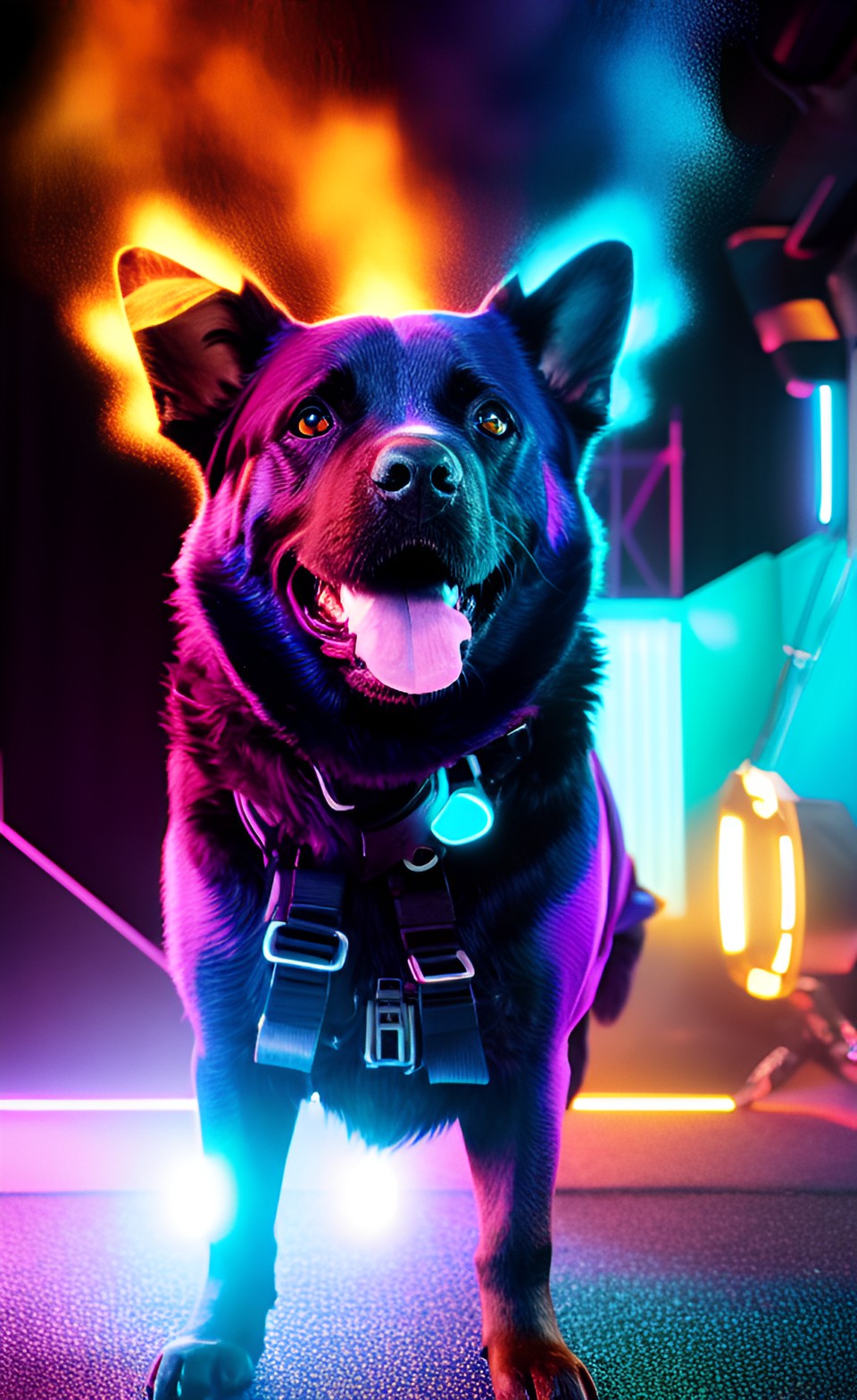 "full hd render + 3d octane render +4k uhd +
immense detail + dramatic lighting + well lit +
black, purple, blue, cerulean, metallic colour +
dogs" preview