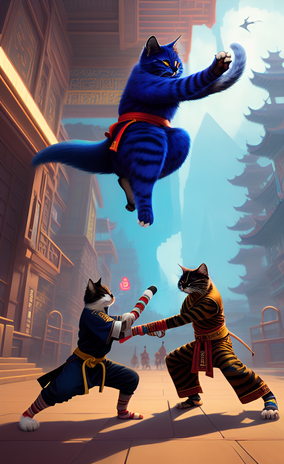 felines and rodents in a kung fu karate match match in a blue temple with egyptian gods watching preview