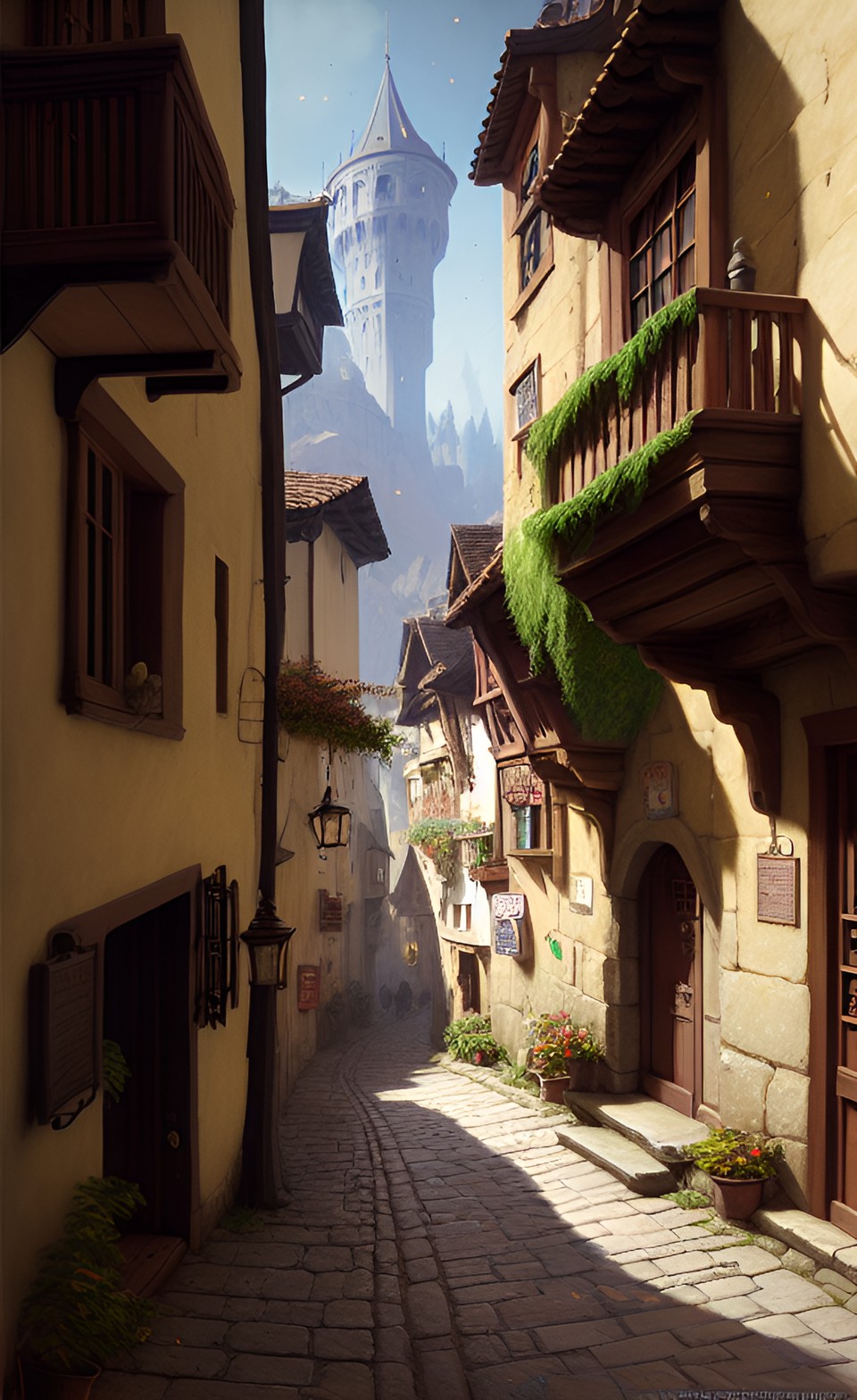 Medieval town - a downhill street of a medieval town, artstation, realistic concept art by evgeny lushpin, jim burns and greg rutkowski, splash screen, complementary colors, fantasy concept art, 8k resolution trendin preview