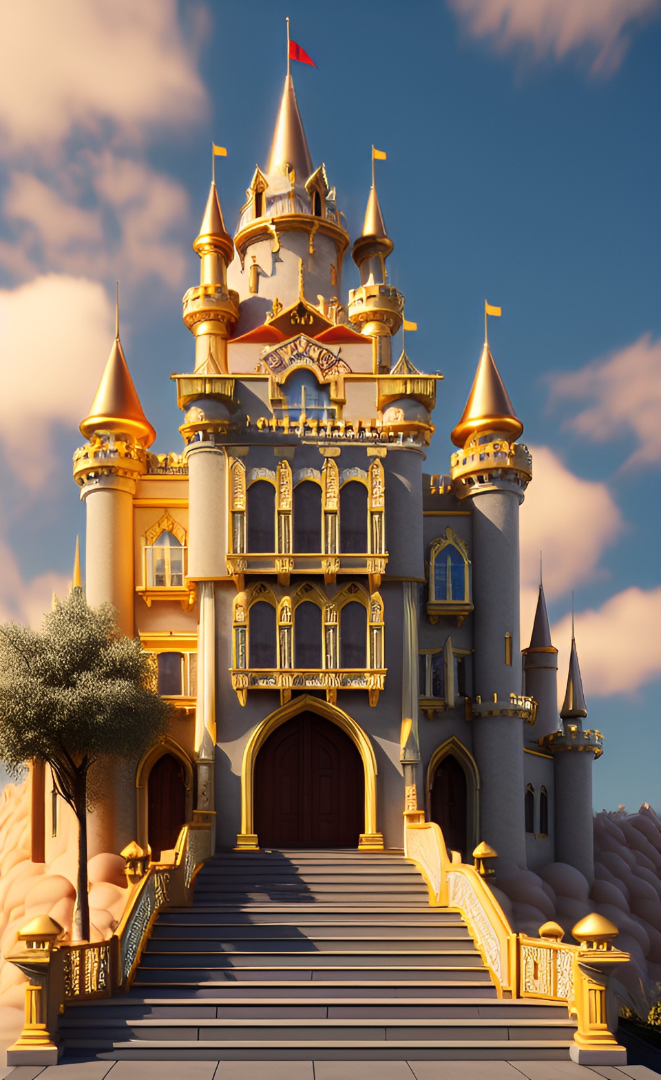 heaven - a breathtaking, golden-spired castle nestled among endless fluffy clouds, with a majestic staircase leading up to its magnificent entrance." preview
