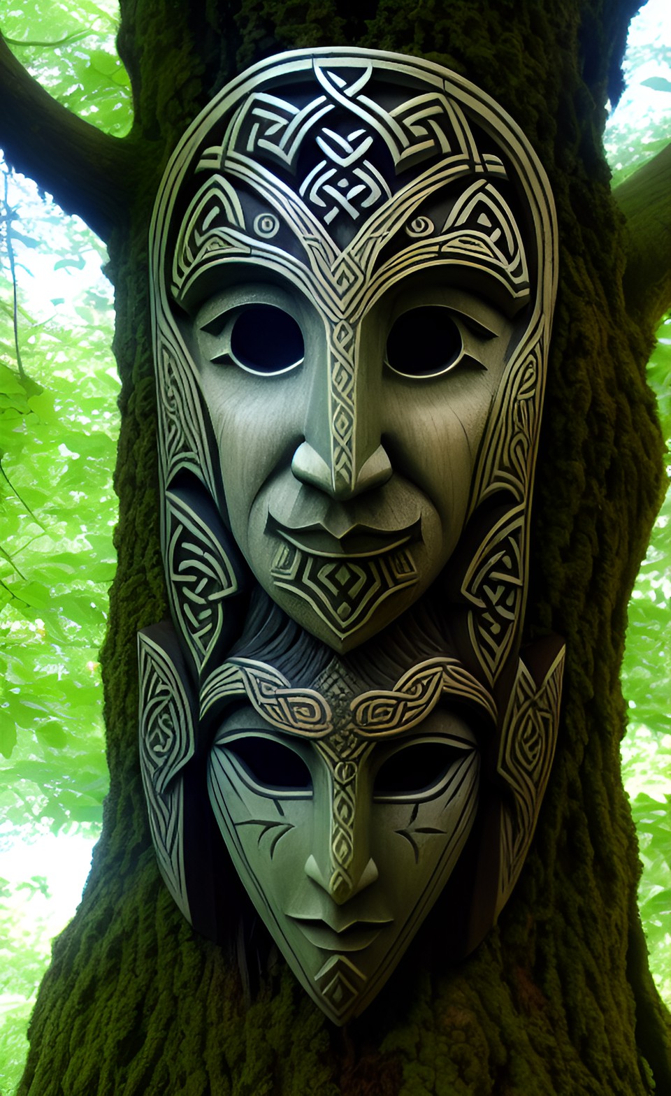 Stylistic Choices - tribal elven nature spirit mask carved into a tree, celtic preview