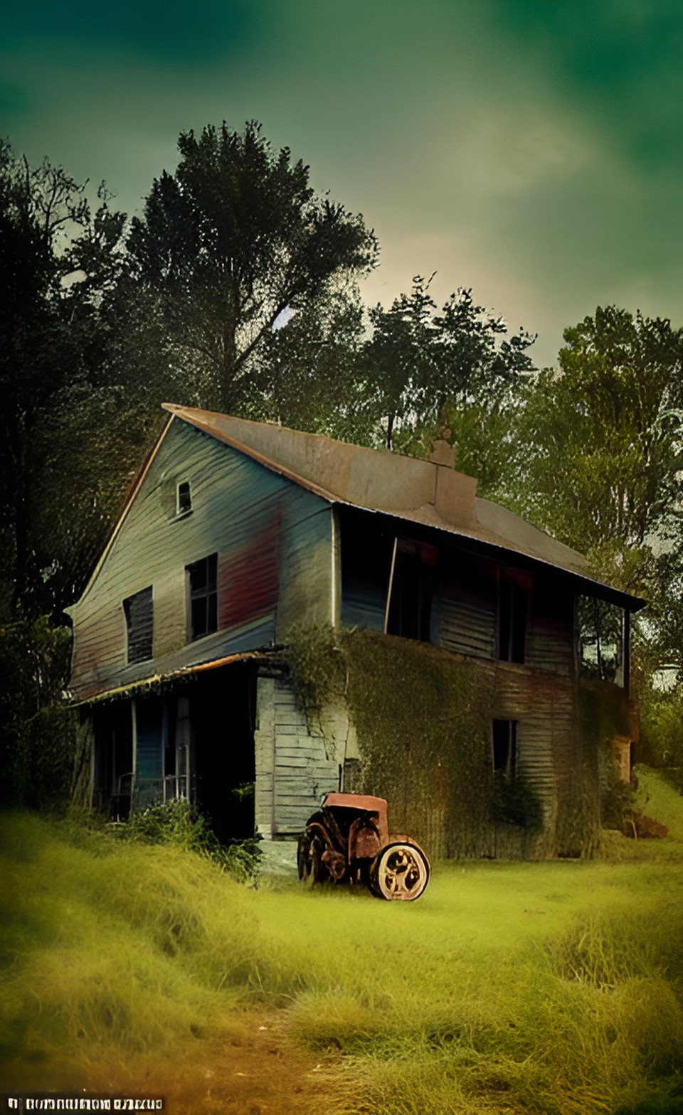 ramshackle farm house in the midst  of overgrown fields. rusty tractor. old man preview