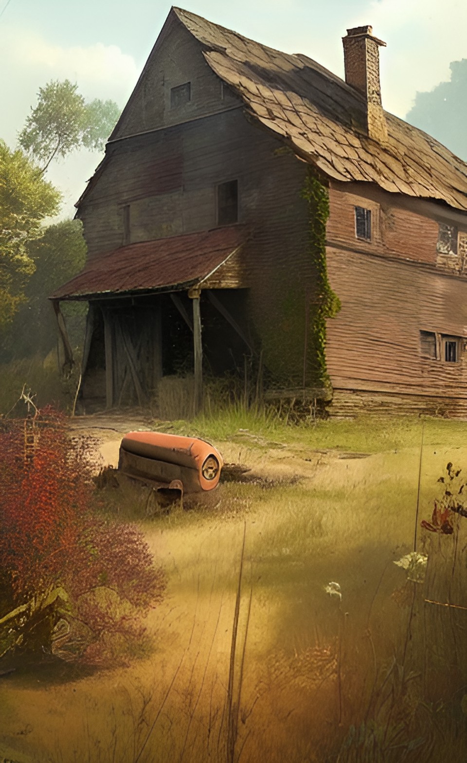 ramshackle farm house in the midst  of overgrown fields. rusty tractor. old man preview