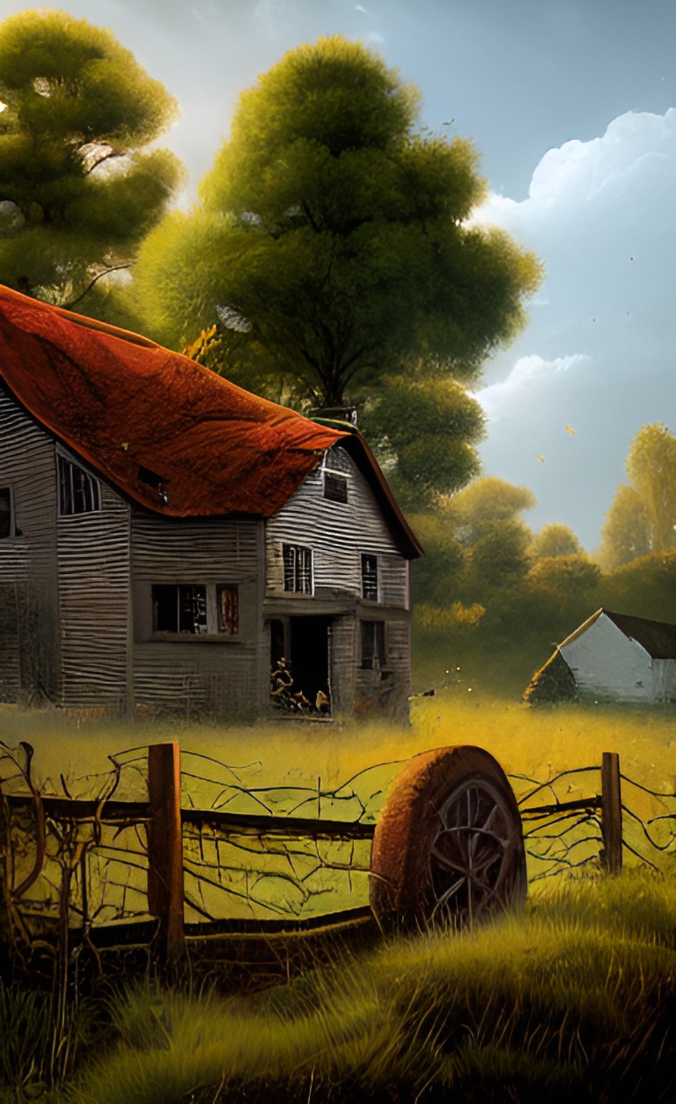 ramshackle farm house in the midst  of overgrown fields. rusty tractor. old man preview