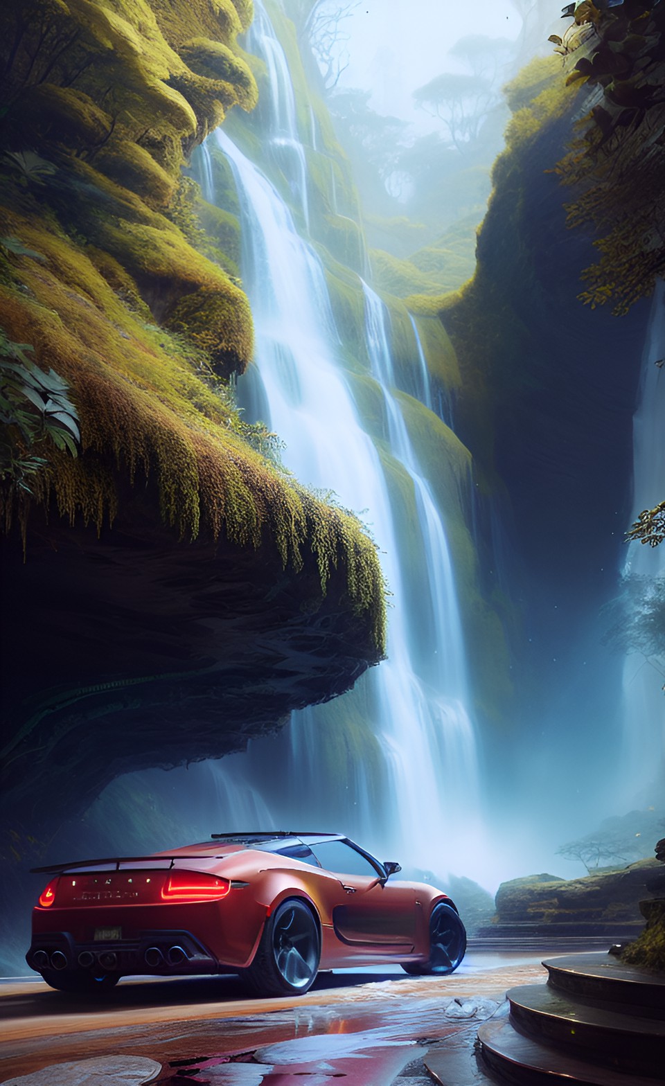 car at waterfall preview