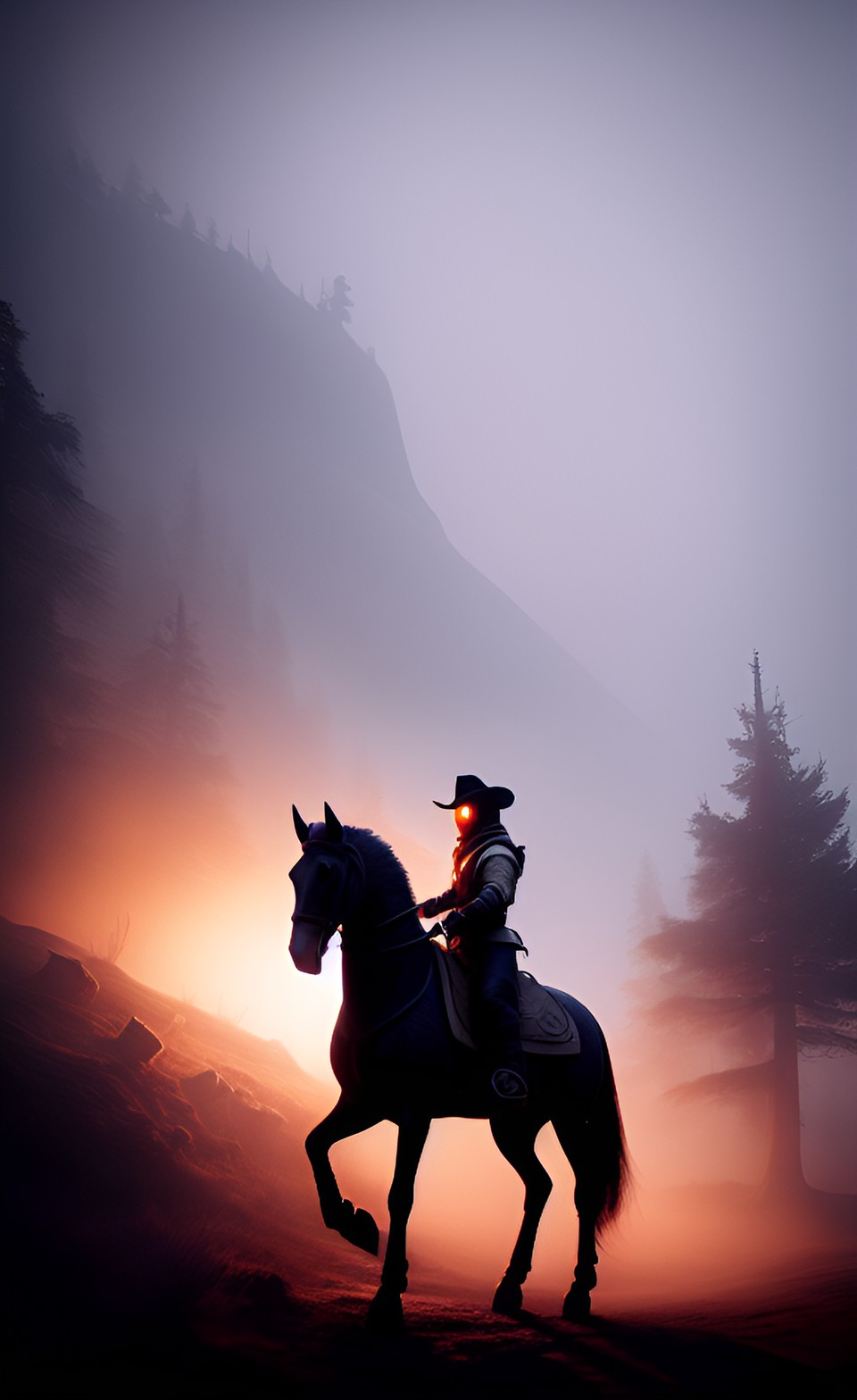 ghost riding horse throught the fog on a dark moony night preview