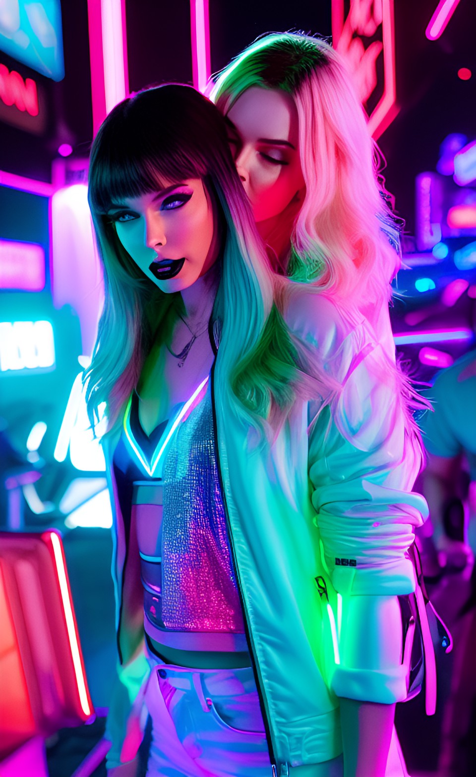 night::neon lights::twins taylor swift kylie minogue and rihanna gogo dancers kissing::minimal neon clothing, twins preview