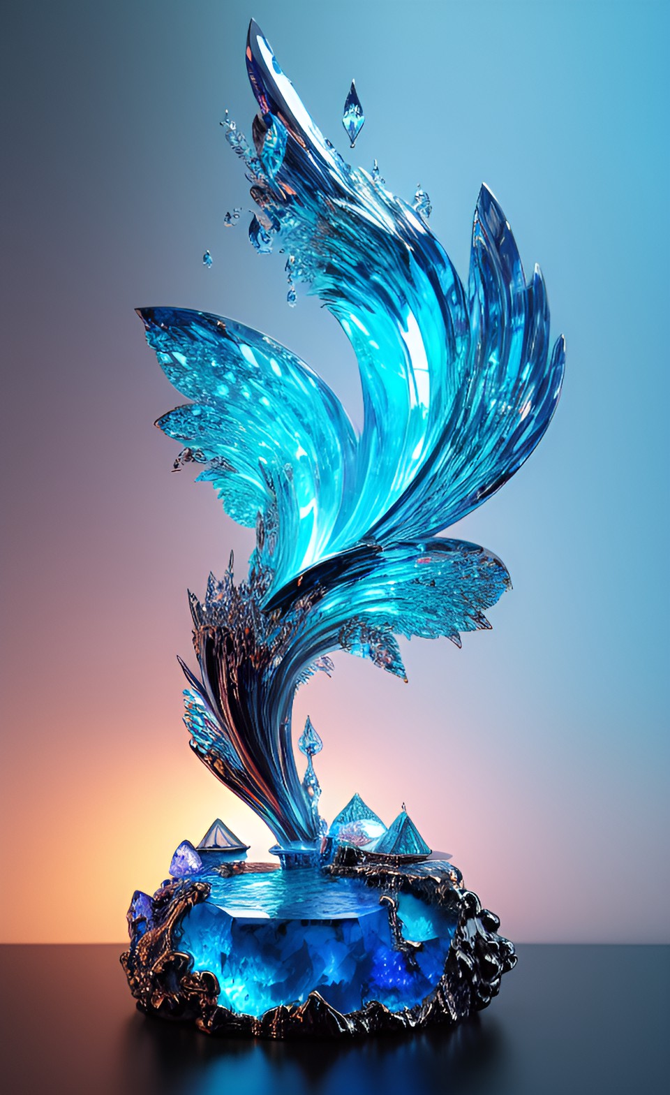 "full hd render + 3d octane render +4k uhd +
immense detail + dramatic lighting + well lit +
"sculpture of a water elemental made from
diamond and sapphire. it has a humanoid shape.
waves are crashing preview