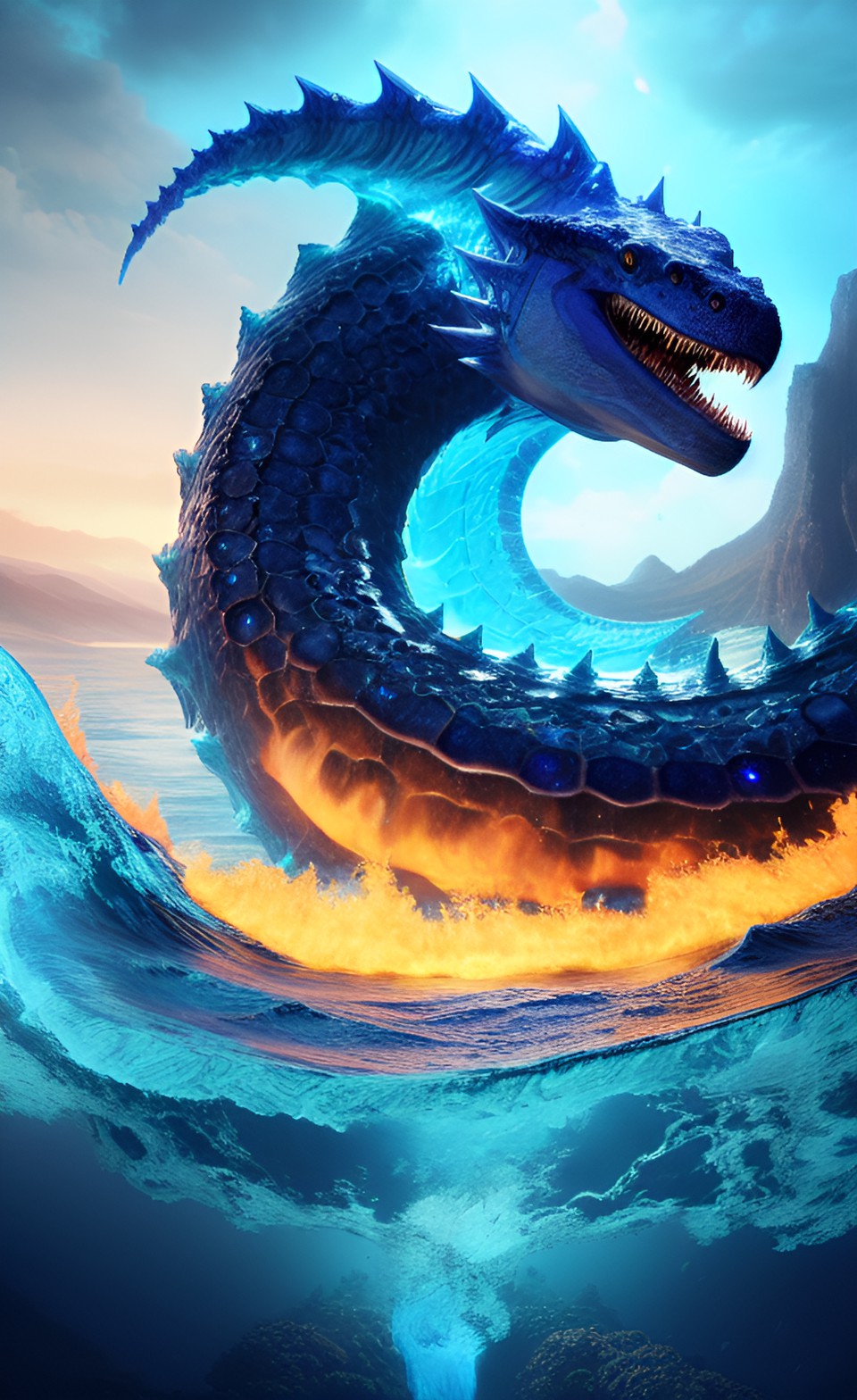 "full hd render + 3d octane render +4k uhd + immense detail + dramatic lighting + well lit + leviathan monster of a water elemental made from diamond and sapphire.  waves and fire around it preview