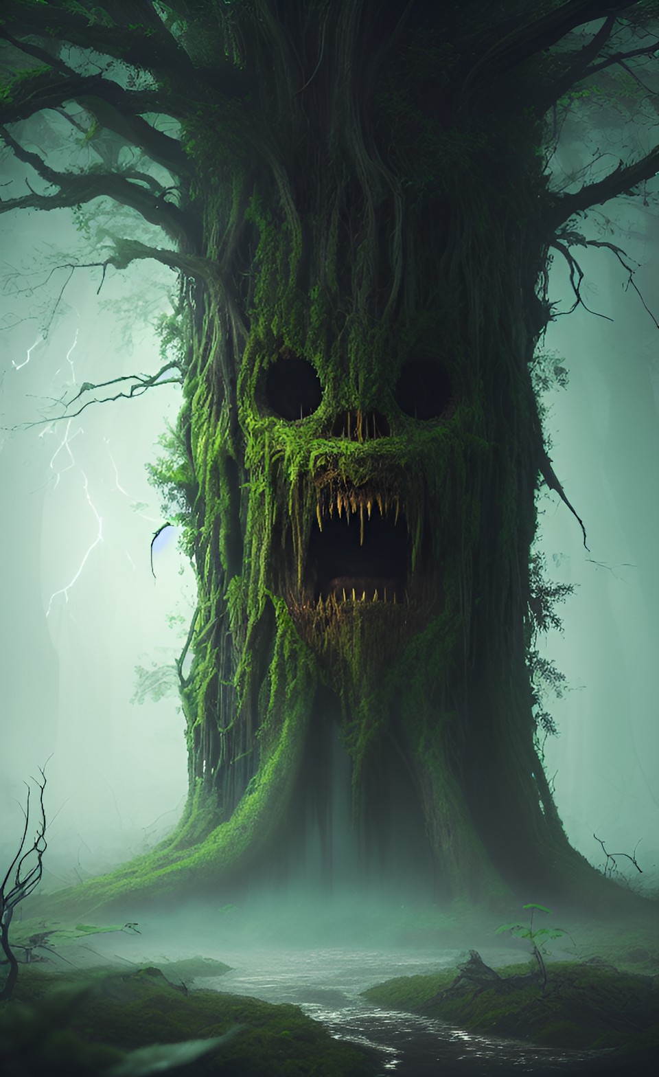 overgrown alien tree screaming in swamp during lightning in giger style preview