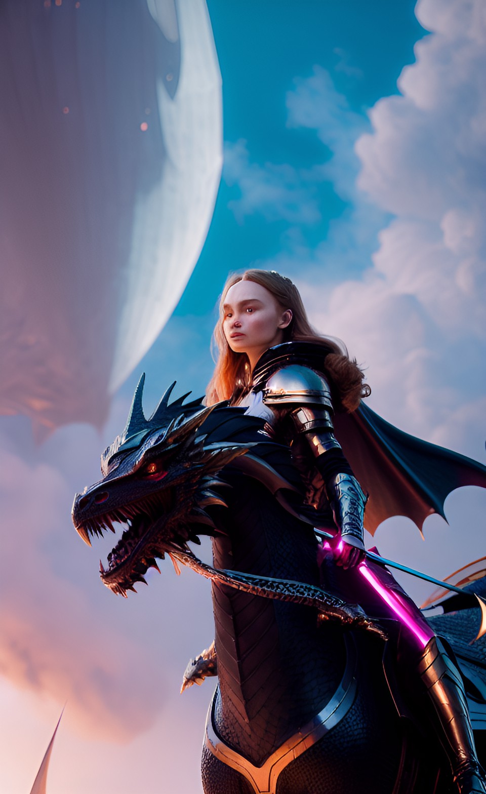 redhead lily rose depp in fantasy armor close up riding a black iridescent dragon preview