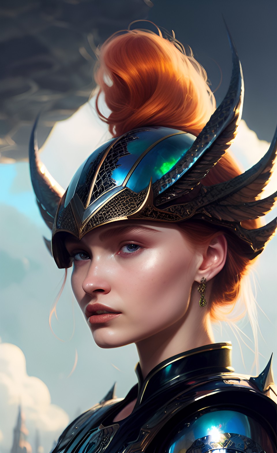 redhead lily rose depp in fantasy armor close up riding a black iridescent dragon preview