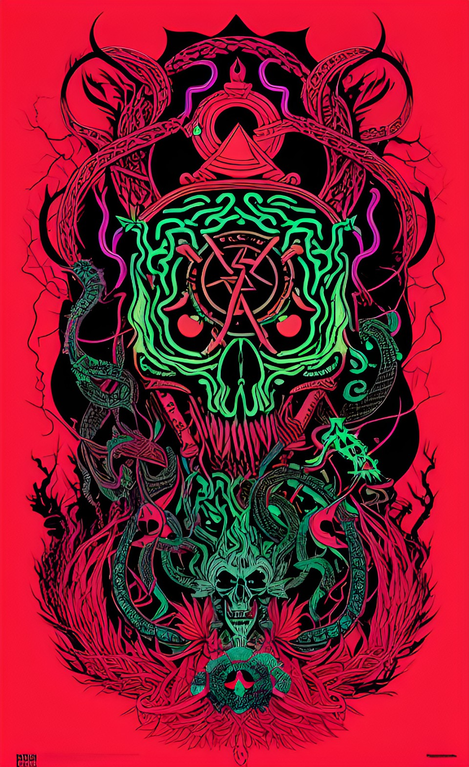 million deadly and poisonous snakes of a million neon colors tangled together on an island of black trees and red rivers of blood lucifer satanism preview