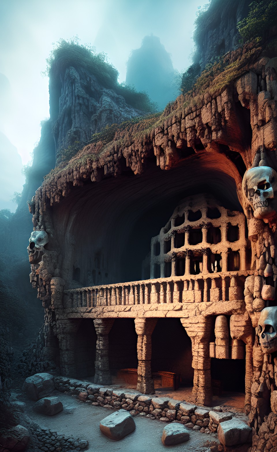 an ancient cave like building made out of human bones and skulls, reference caplika czaszek, horror, skeletons, dark art, fantasy art preview