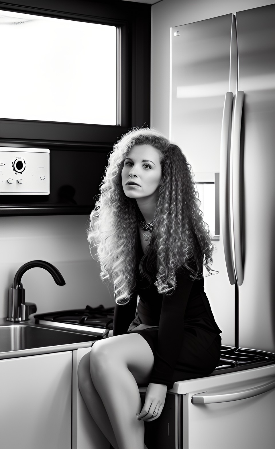 a long haired curly blonde woman sitting on fridge logic, ow angle, b&w, noir preview