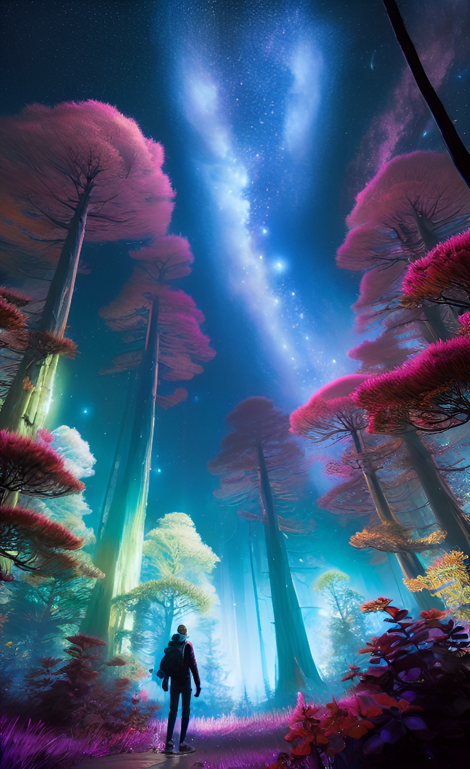 Cosmic Forest - cosmic forest, a mesmerizing sight with glowing trees, floating stars, and a spiral nebula backdrop. it's like a fantasy come to life. preview