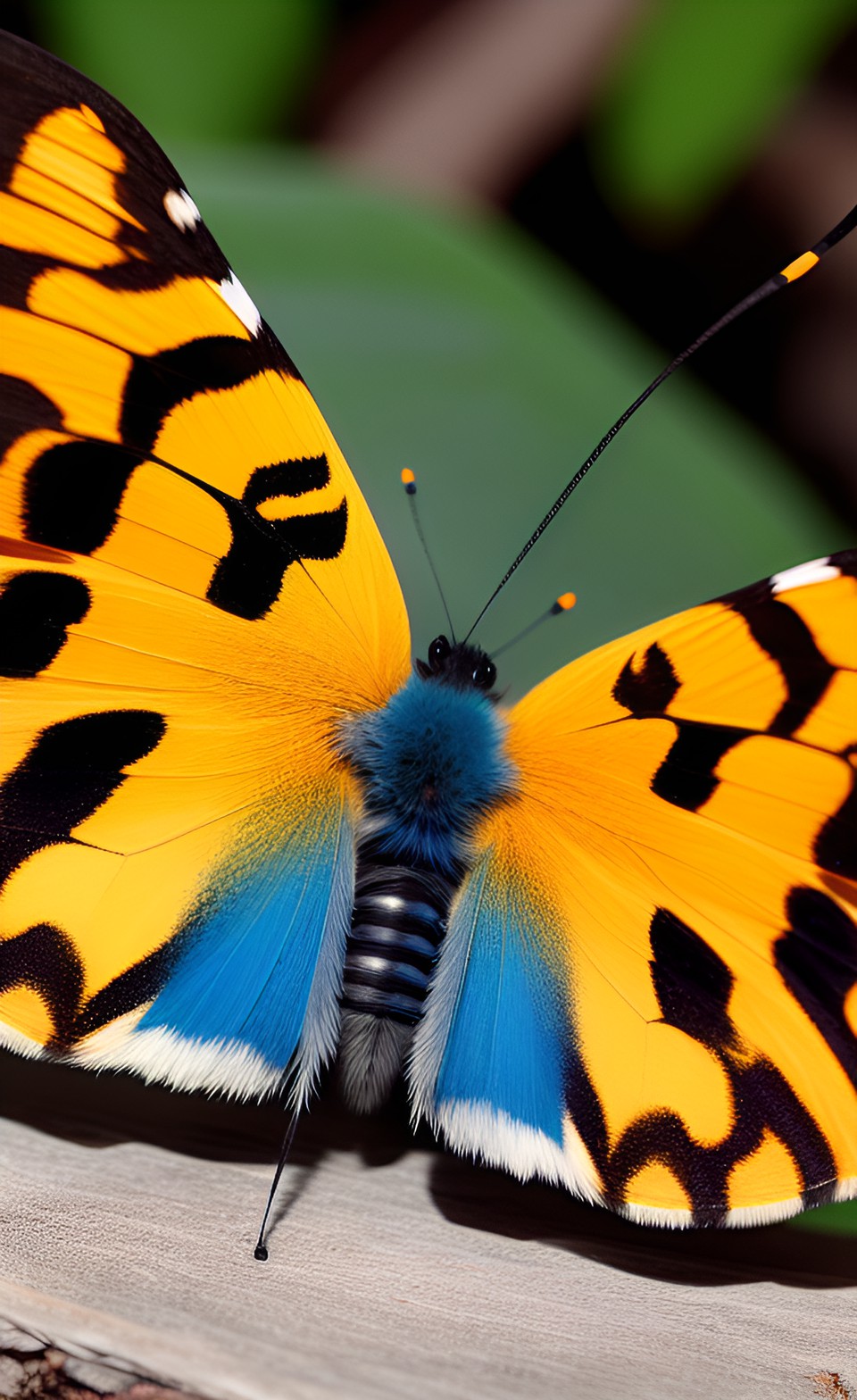 Moth - mariposa com cor azul reluzente escuro nas asas, laranja com amarelo forte nas pontas; pelos como um colar e corpo fino com abdomen cheio. visão afastada para melhor observação do animal. preview