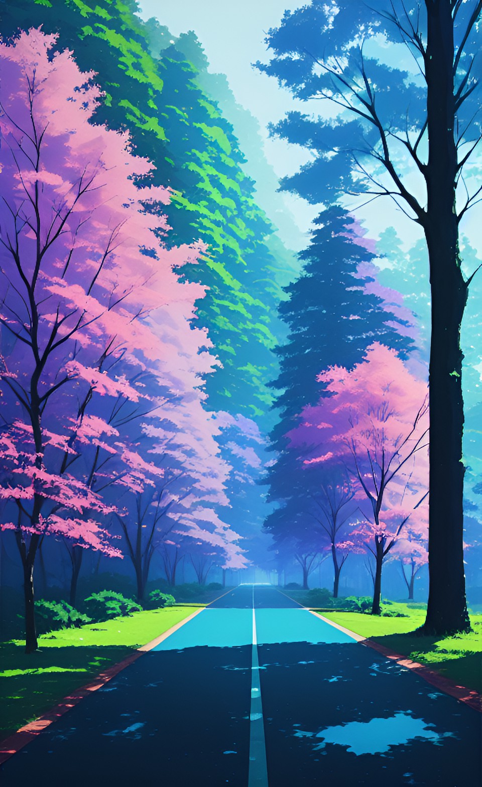 a forest with blue trees, a pink brick river path preview