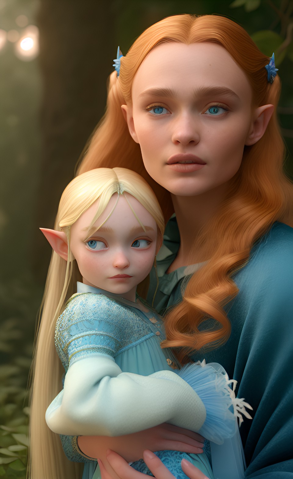 redhead lily rose depp wearing blue gown and husband long haired tall elf ear blonde legolas holding their cute elven princess baby lily rose depp close up fantasy lighting lord of the rings style preview