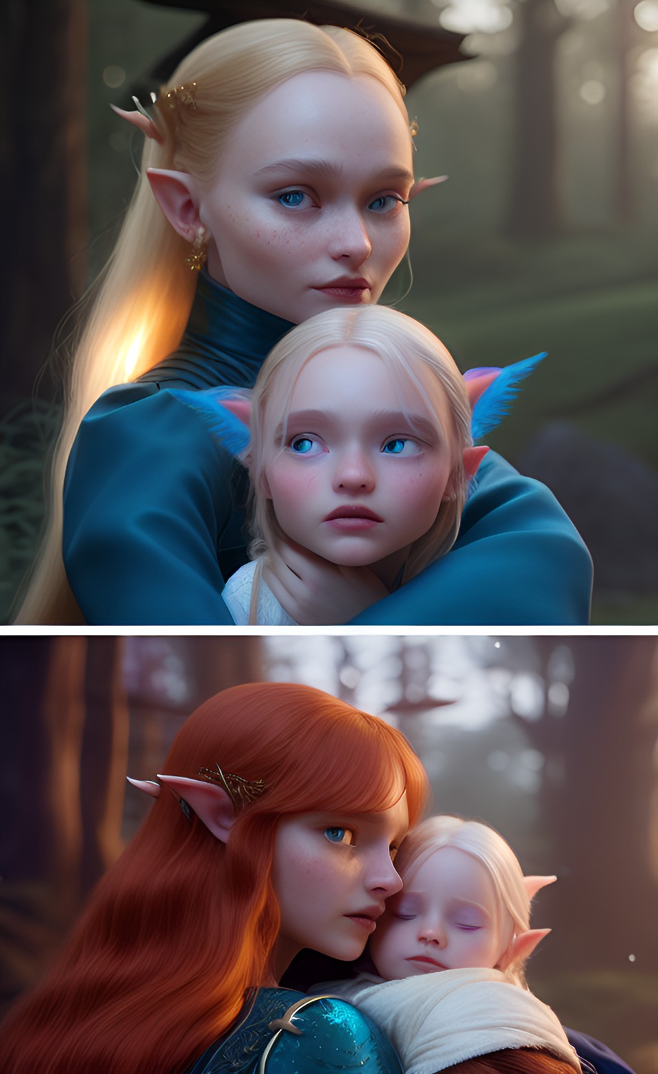 redhead lily rose depp wearing blue gown and husband long haired tall elf ear blonde legolas holding their cute elven princess baby lily rose depp close up fantasy lighting lord of the rings style preview