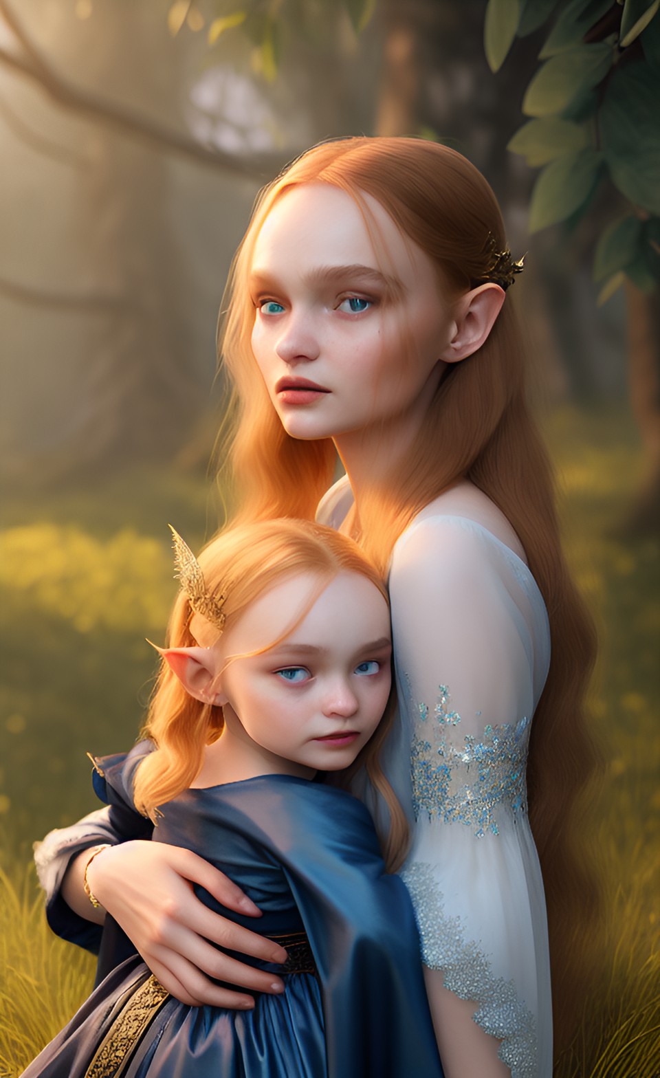 redhead lily rose depp wearing blue gown and husband long haired tall elf ear blonde legolas holding their cute elven princess baby lily rose depp close up fantasy lighting lord of the rings style preview