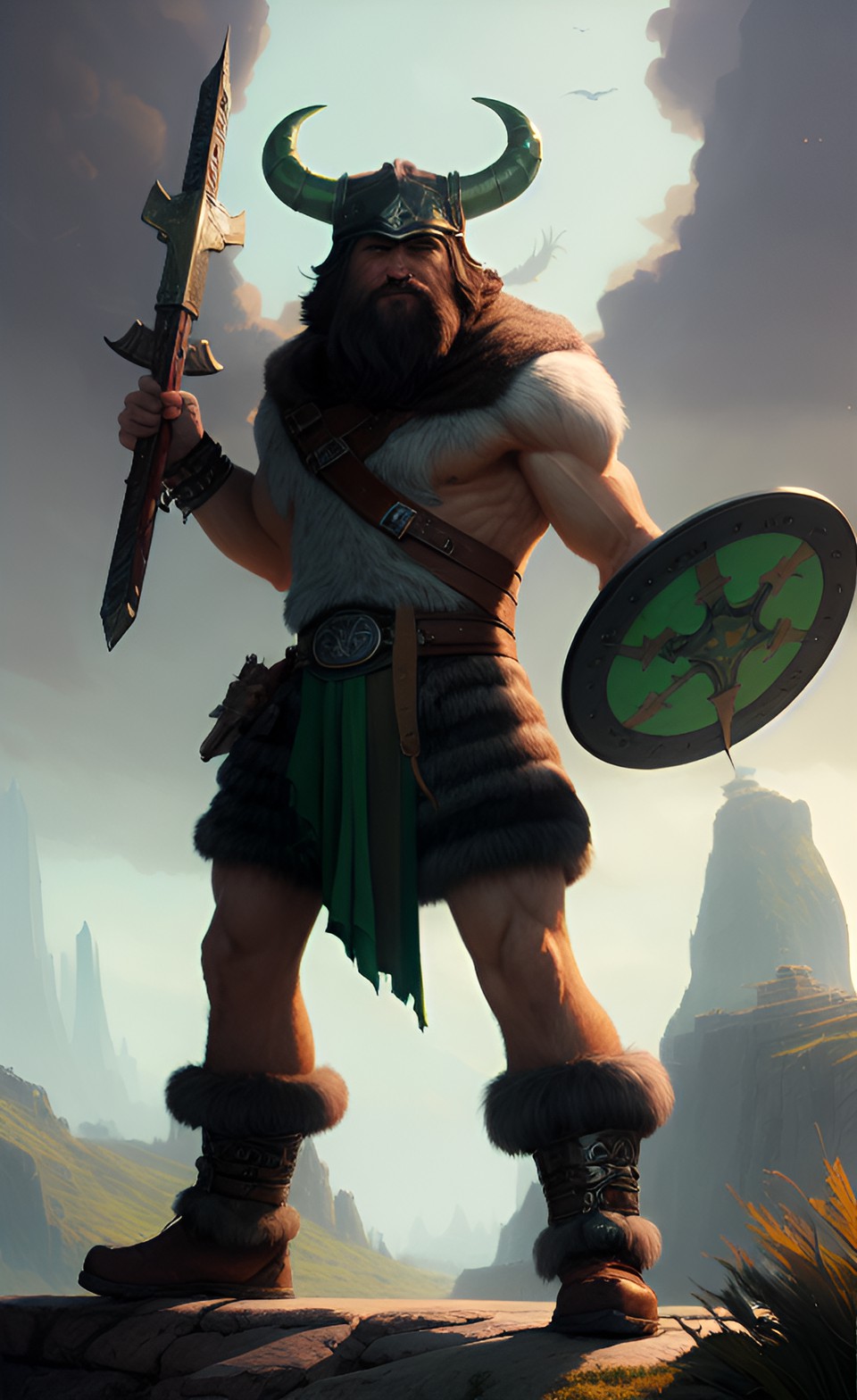 The green Viking - viking, muscles, fur, grey, green, tall preview